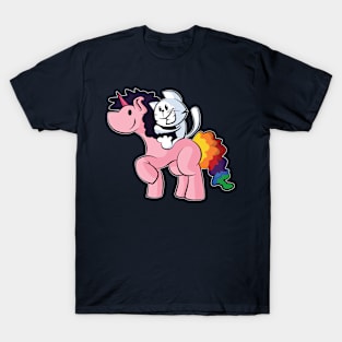 Happy cat on a unicorn riding pink unicorn with rainbow tail T-Shirt